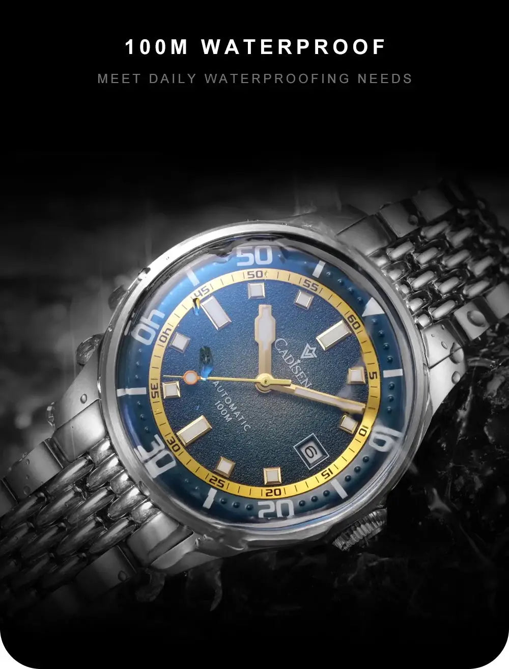 CADISEN automatic mechanical watch with blue dial and stainless steel bracelet