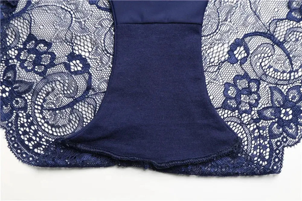 Lace panties, navy blue, seamless low-rise with floral lace sides and cotton panel