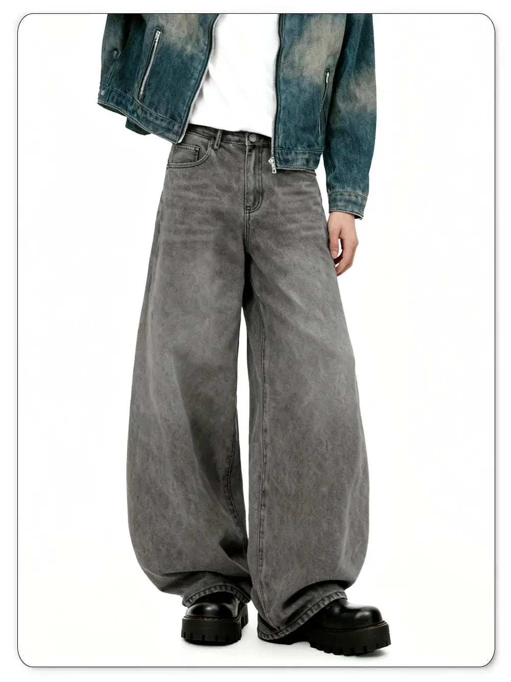 Men's retro baggy wide-leg gray washed denim jeans by Simples Market
