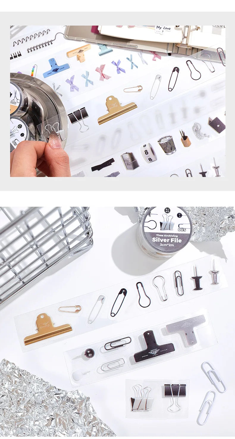 Decorative adhesive tapes and metal clips set by Simples Market for scrapbooking and journaling