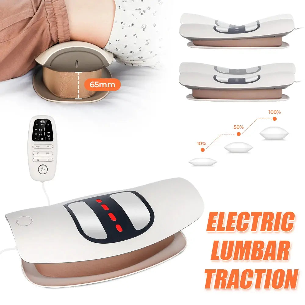 Electric lumbar traction massager by Simples Market with adjustable belt and remote, beige/brown