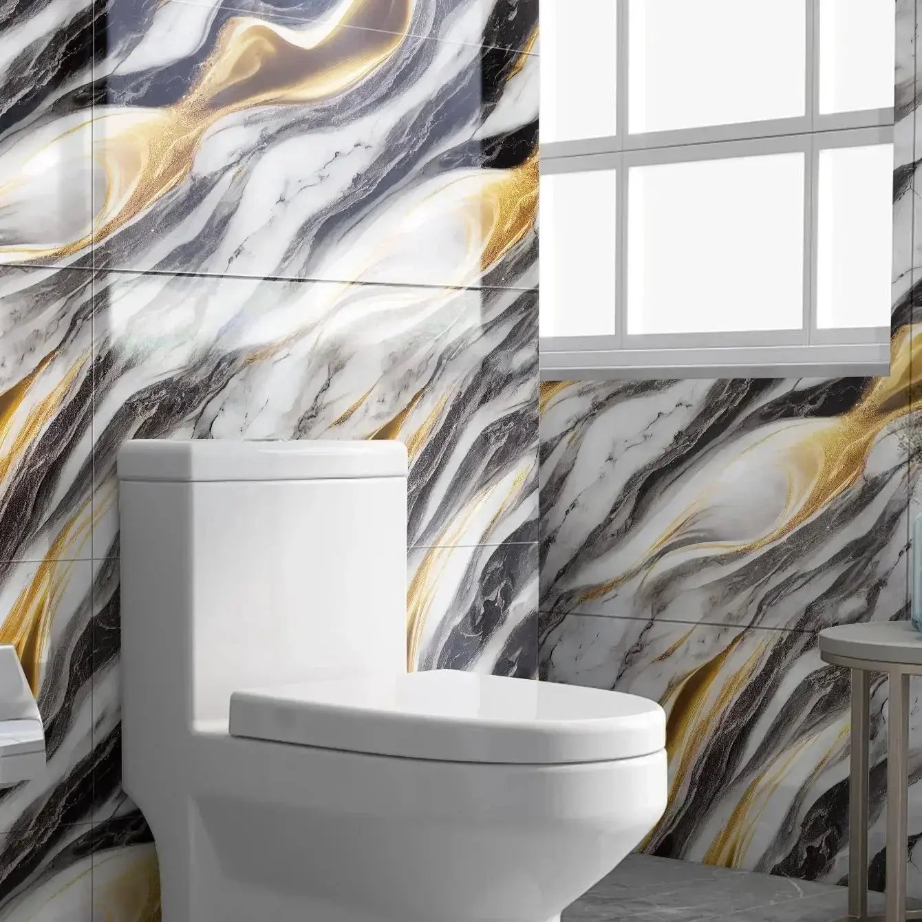 Self-adhesive marble tile wallpaper with gray-white and gold veins; waterproof bathroom wall décor by Simples Market
