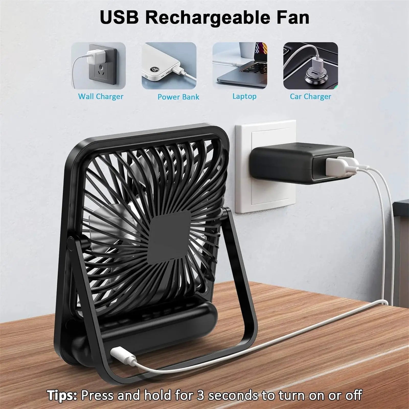 Portable USB Desk Fan With 180 Degree Tilt Folding And Power Display