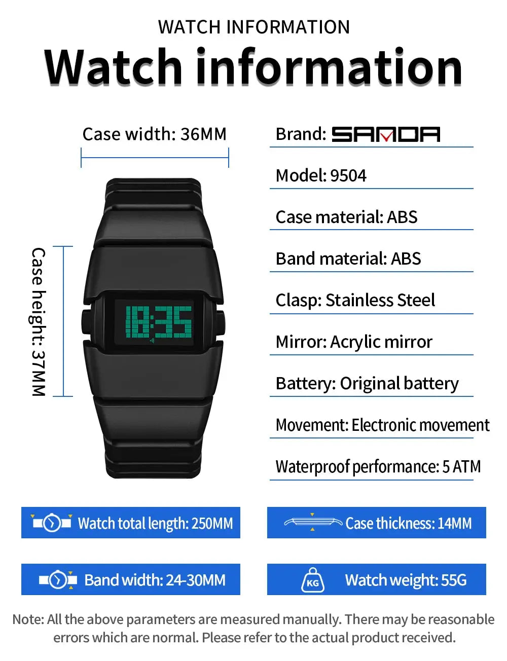 SANDA 9504 digital watch with black ABS band, night-light green LED display, 5ATM waterproof