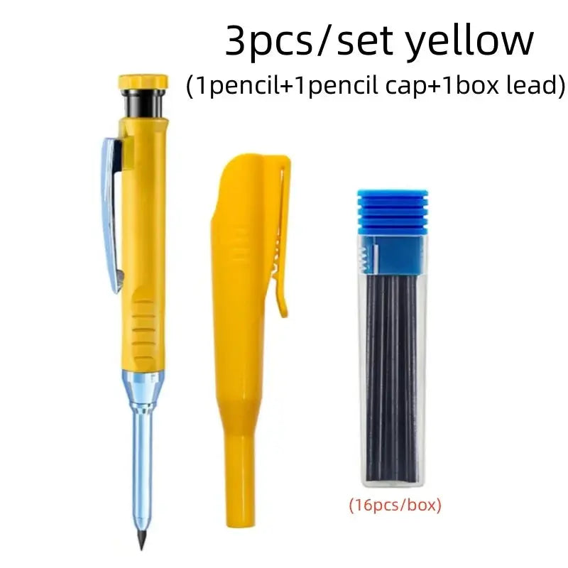 Solid carpenter pencil set with 16 refills; includes yellow mechanical pencil, cap, and box of leads