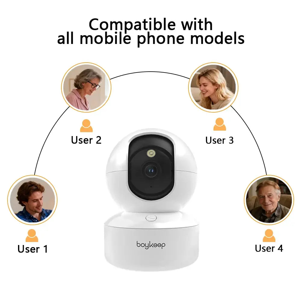 BoyKeep 3MP WiFi indoor baby monitor camera, white spherical unit on pedestal; supports 4 users