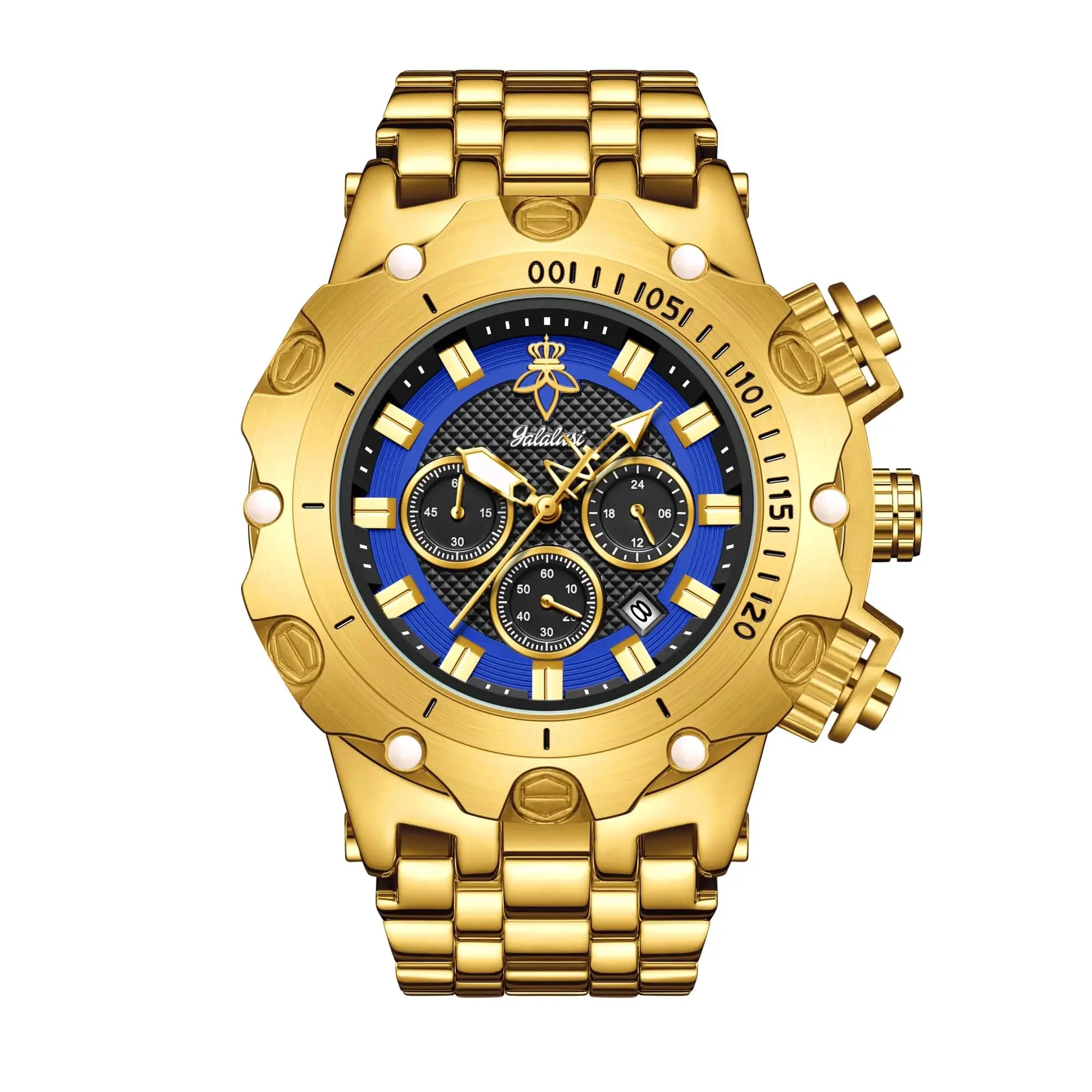 YaLaLuSi men's multifunctional luxury watch with gold-tone strap, blue dial and chronograph subdials.