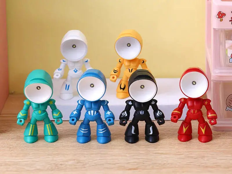Mini Night Light LED cartoon hero police desk lamp set, six colorful figures in teal, blue, black, red, white and orange.