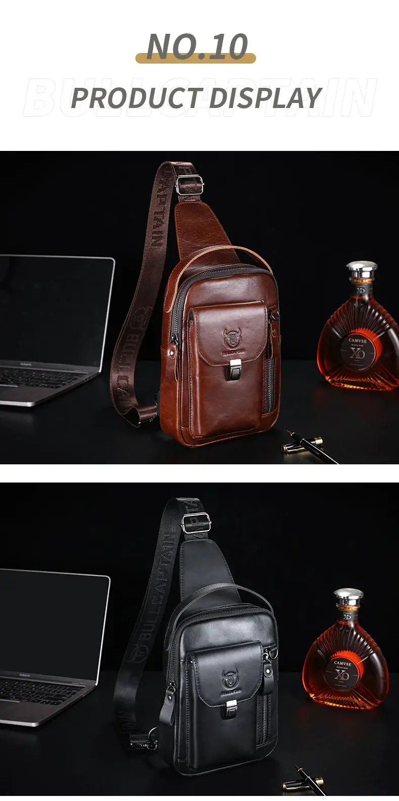 BULLCAPTAIN leather chest bag by Simples Market with anti-theft crossbody strap; two-color brown and black variants.