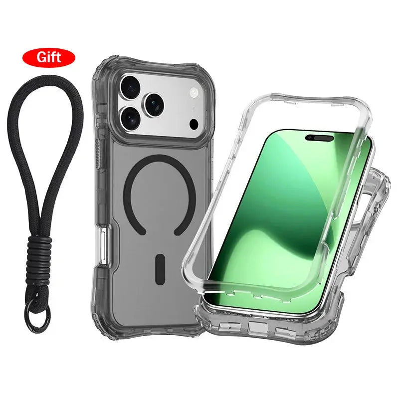 Armor 3IN1 PC+TPU clear iPhone case with wrist strap and magnetic charging bumper by Simples Market