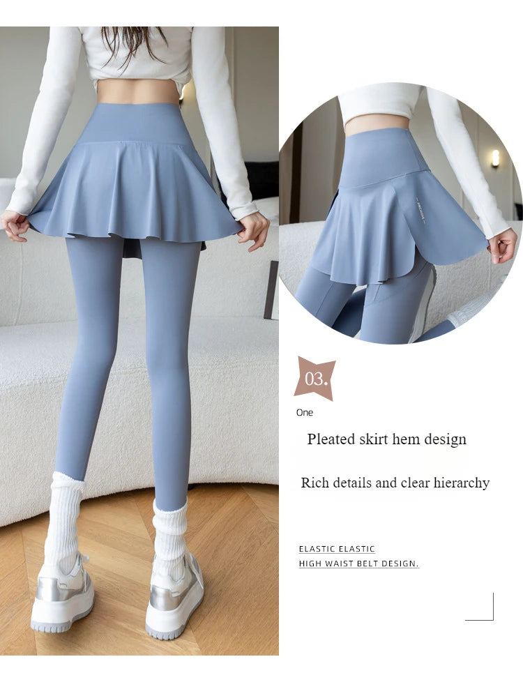 Simples Market women skirted leggings in blue with high-waist and pleated skirt overlay, featuring pocket