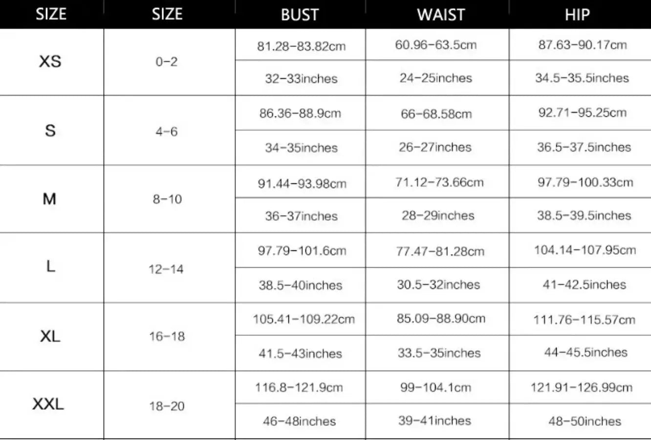 Simples Market white 2-piece strapless swimsuit size chart showing bust, waist, and hip measurements in cm and inches
