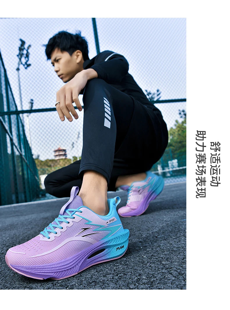 Men's running shoes gradient purple to teal, breathable mesh upper with air-cushion sole worn by a man on a court.