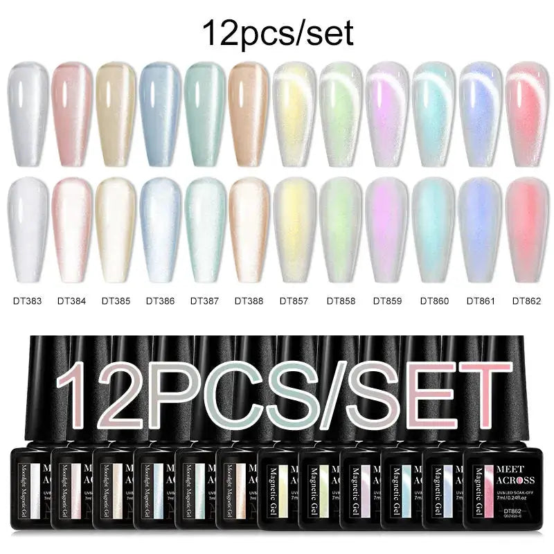 12-piece Meet Across gel nail polish set by Simples Market in pastel glitter shades