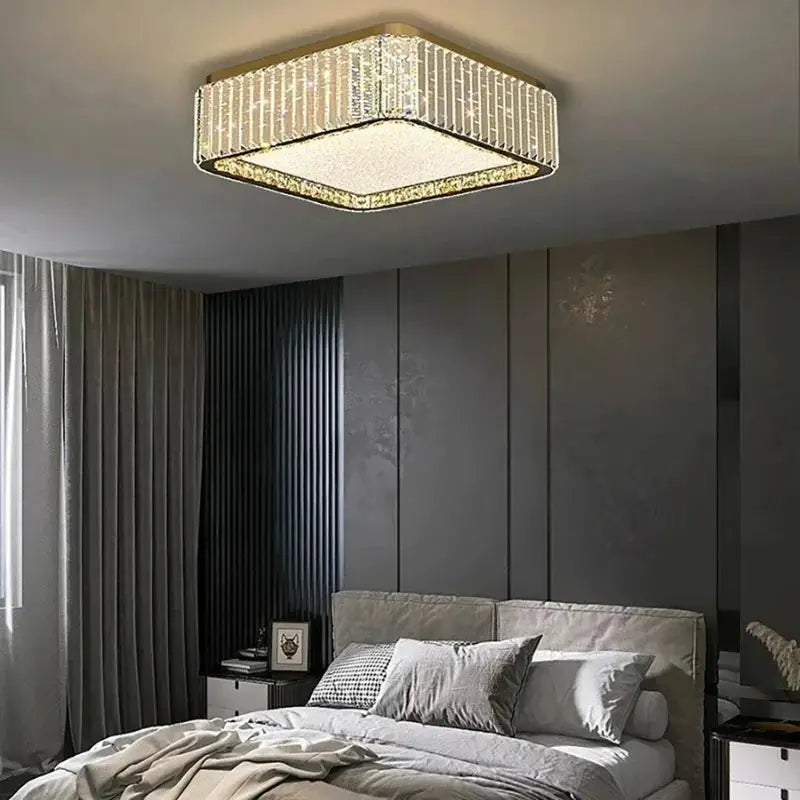 Light Luxury Crystal Ceiling Lamp, square gold-framed ceiling light with crystal accents for a modern bedroom