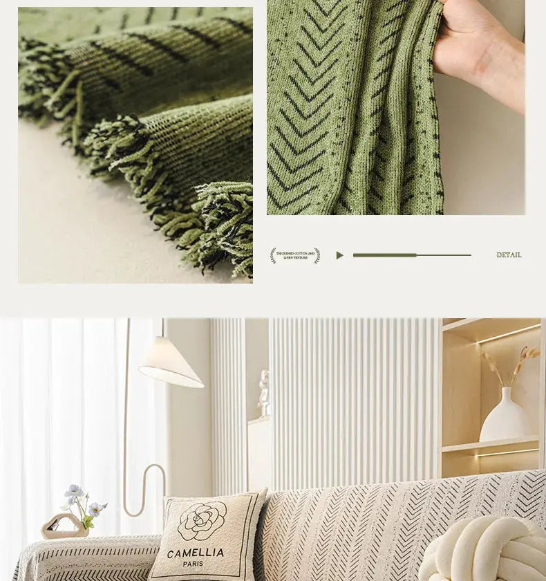 Home sofa cover 3-seater with green fishbone pattern; full set, anti-slip and stain resistant