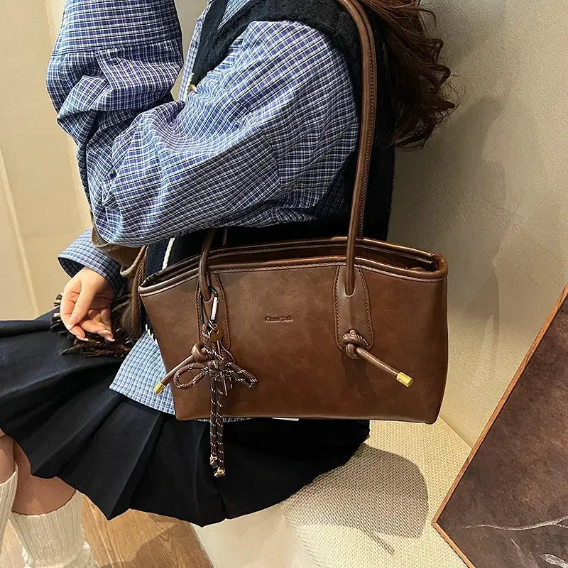 PU Leather Shoulder Bag for Women by Simples Market, brown with top handles and crossbody strap