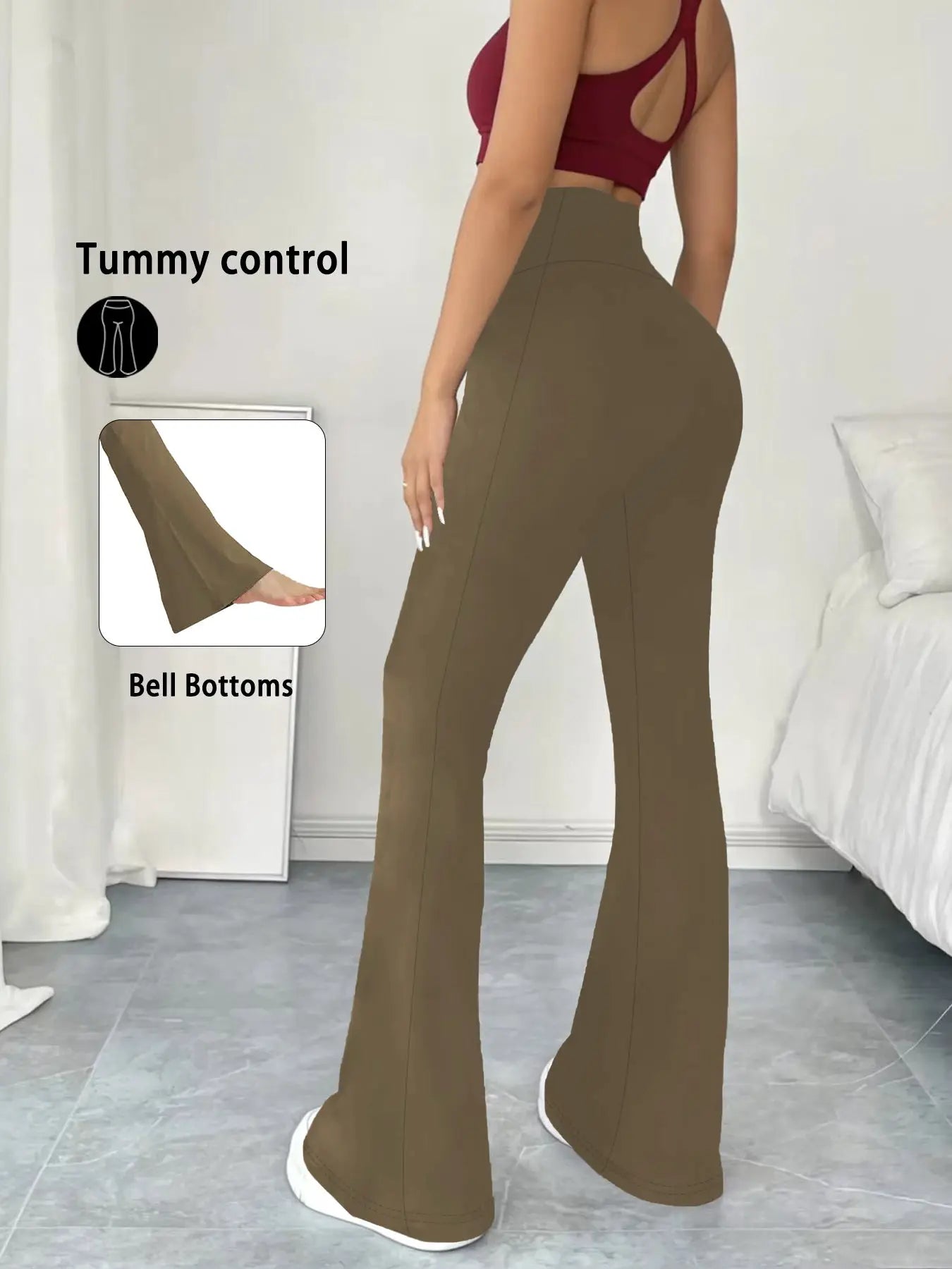Women's Super Soft Flare Pants by Simples Market; brown high-waisted tummy-control bell-bottoms.