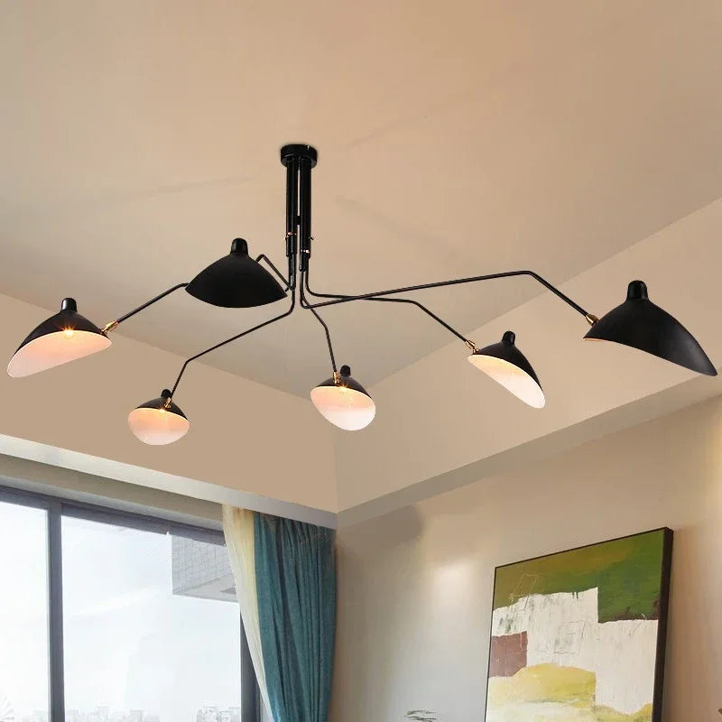 Mouille ceiling lamp, Nordic six-head spider pendant in black metal with white interior shades