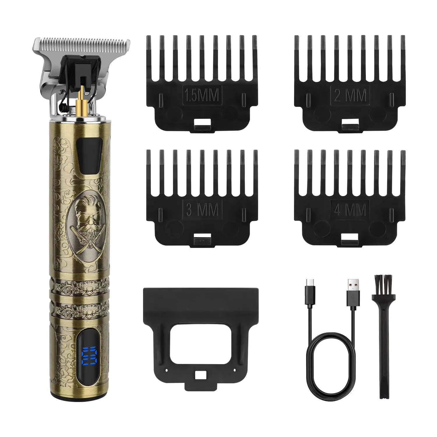 HIENA professional cordless hair clipper by Simples Market; gold ornate handle, T blade, 4 guard combs and ear spoon set