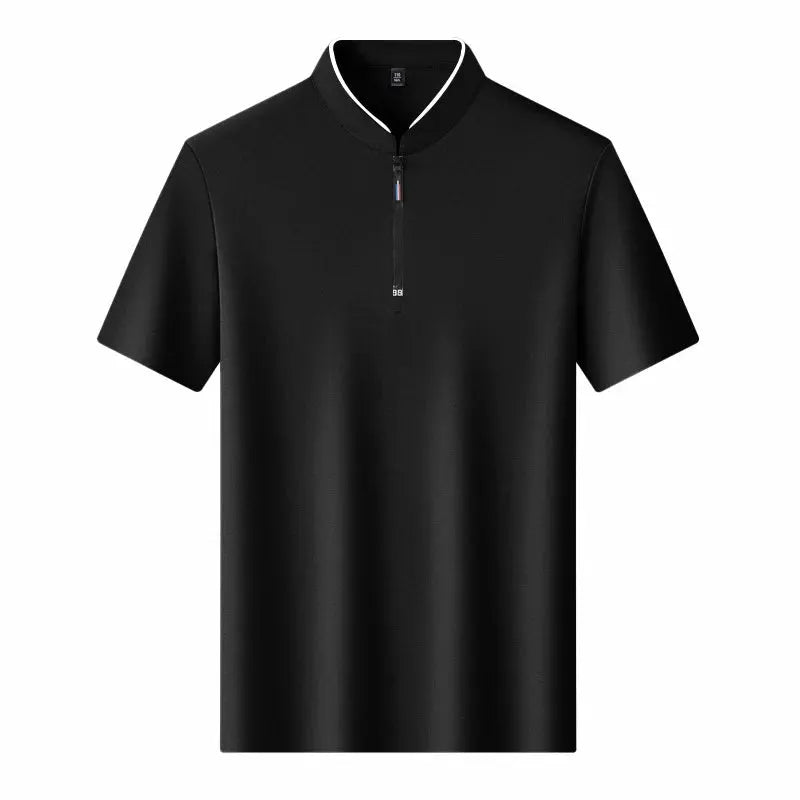 Men's black short-sleeve zipper polo shirt with white collar piping.