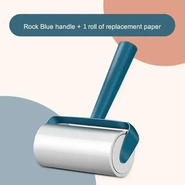 Blue-handled lint roller with white replaceable paper roll for pet hair and clothing cleaning
