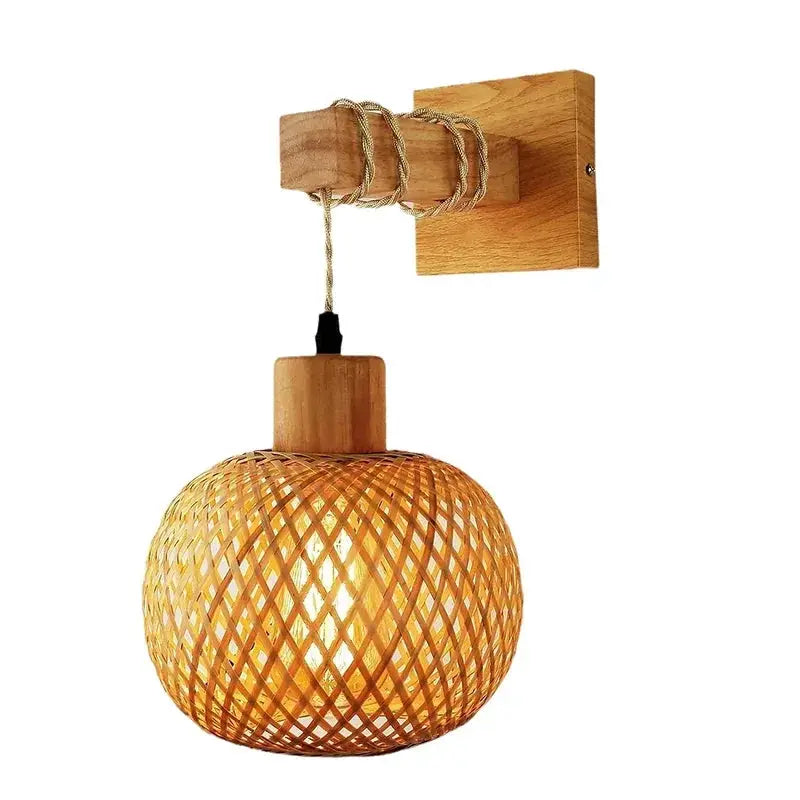 Bamboo lantern wall lamp with natural woven rattan spherical shade, E27