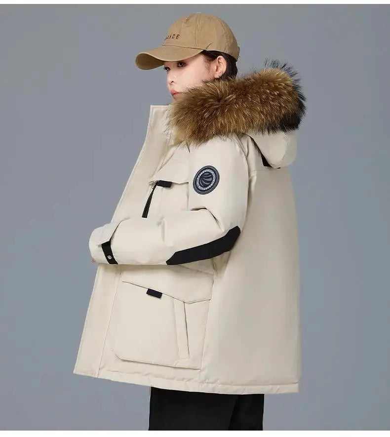 Simples Market men's hooded fur-collar duck-down parka in beige, waterproof winter coat.