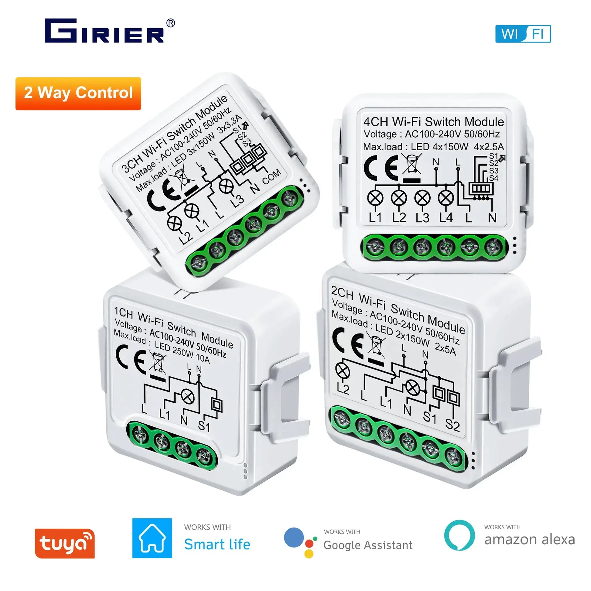 4-channel Tuya Wi-Fi switch modules set (white) with green terminal blocks; works with Alexa and Google Assistant