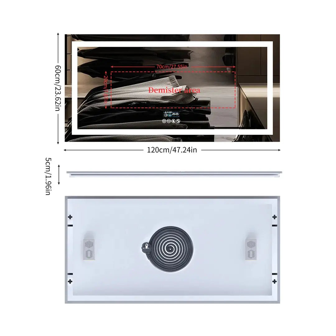 LUVODI large rectangular anti-fog bathroom mirror with LED lighting and Bluetooth speaker, white frame.