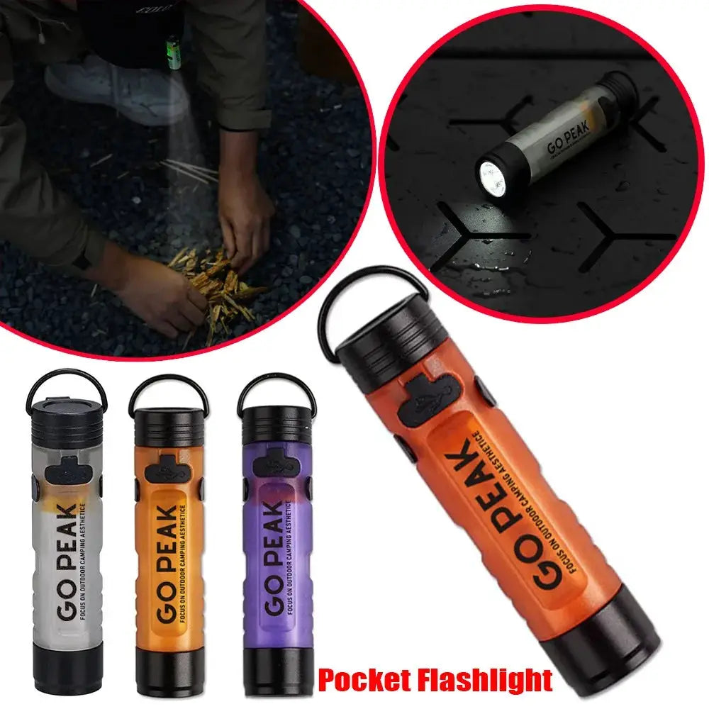 Go Peak pocket LED flashlights set of 4 in gray, orange, purple; USB rechargeable, clip-keychain for outdoor use.