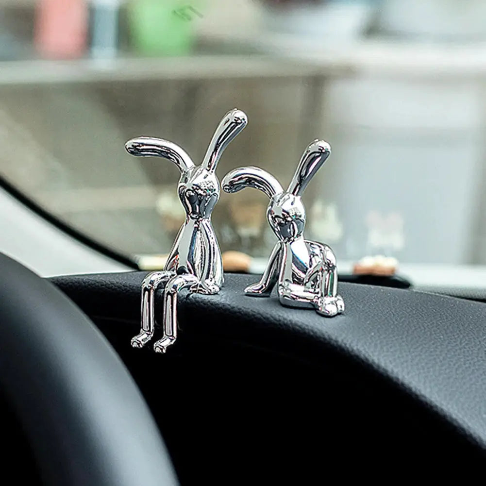 Chrome rabbit figurines for car interior center console, 2-piece set