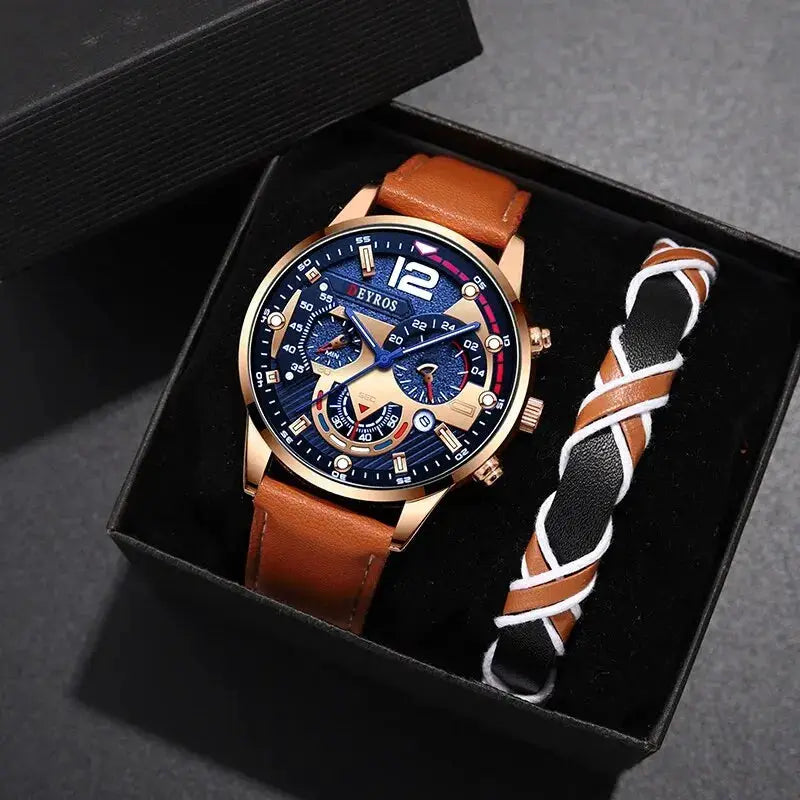 Two Piece Set Fashion Mens Calendar Watches Luxury Business Casual Brown Leather Strap Quartz Wristwatch