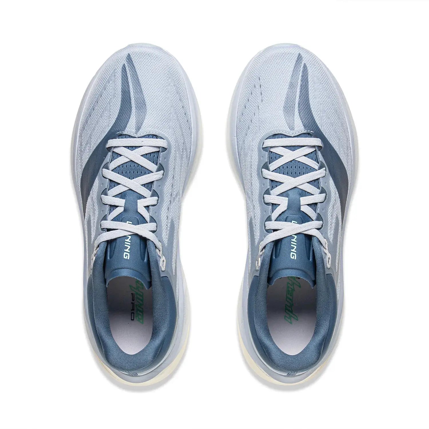 LiNing men's Yueying 5 Pro running shoes, pair in light blue with white laces and wide toe box