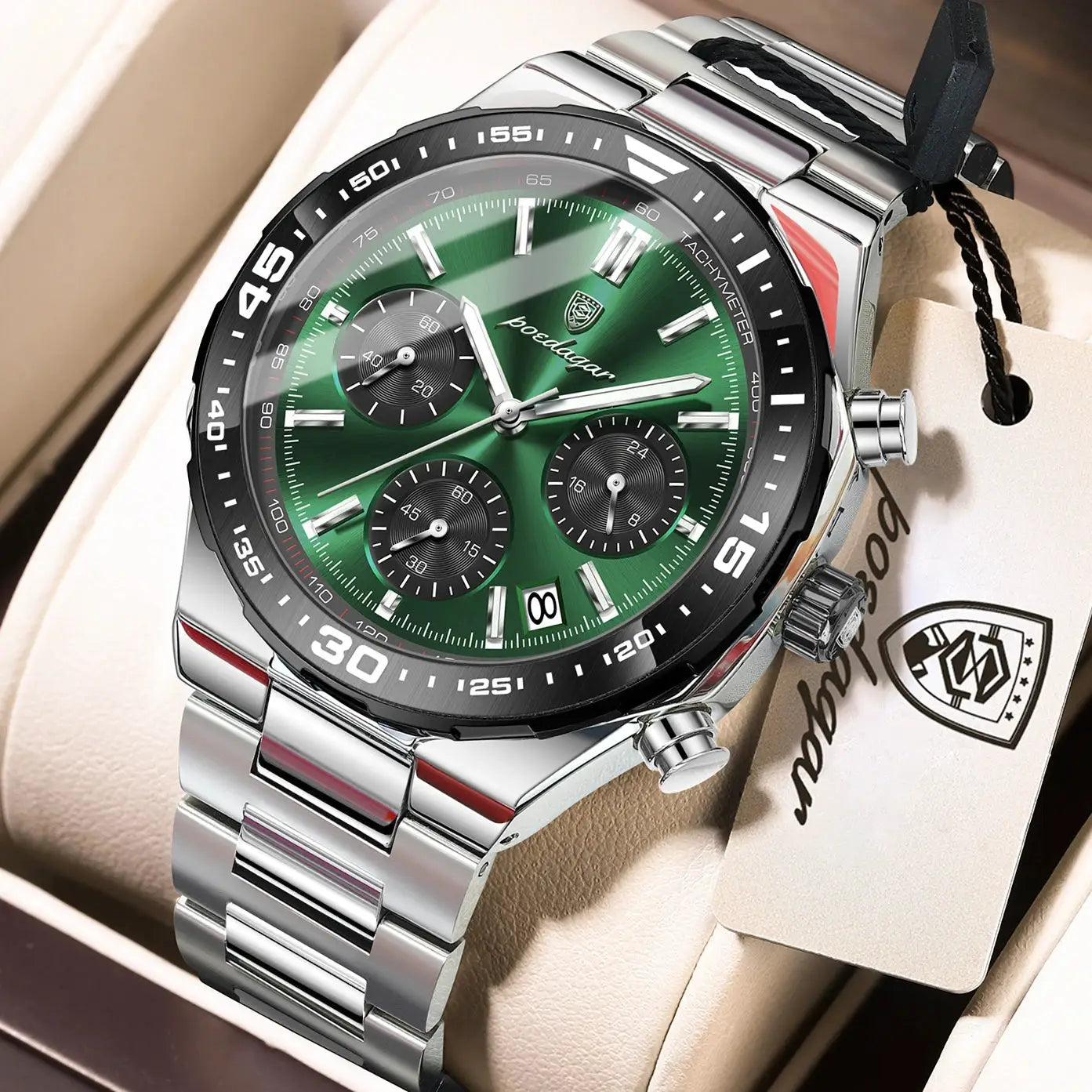 Poedagar men's stainless steel quartz watch with green dial, chronograph subdials, date window, tachymeter bezel
