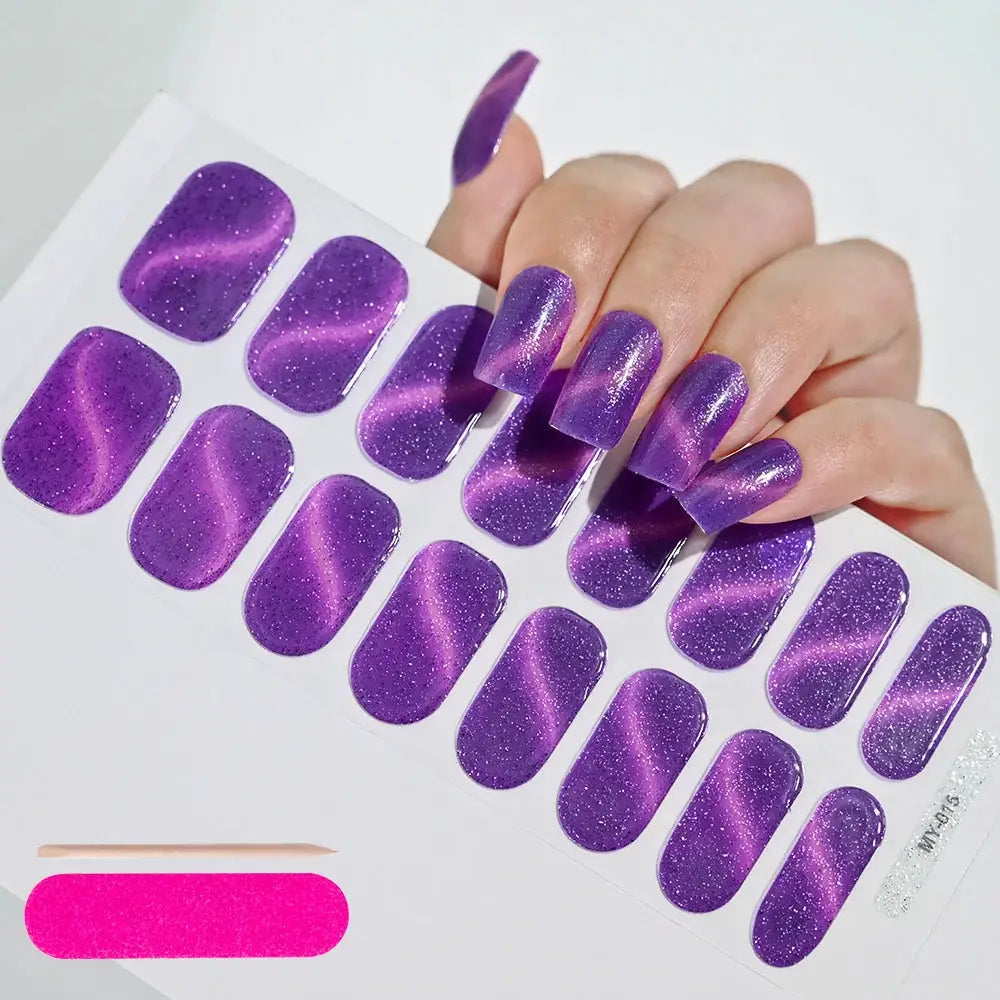 Simples Market purple glitter gel nail stickers; full-cover adhesive wraps for UV-cured manicure