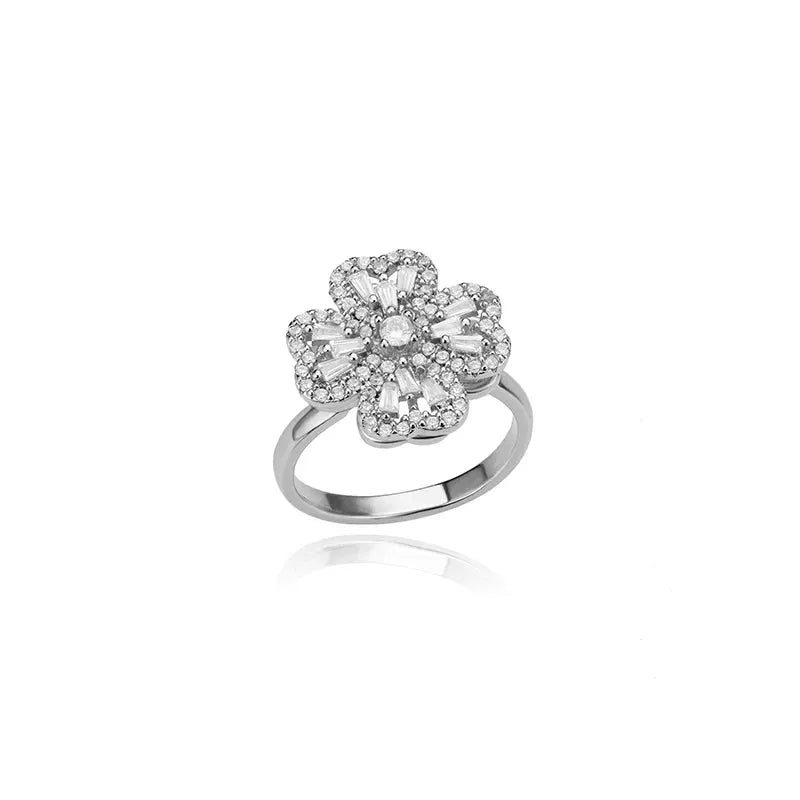Spinner Zircon Heart Four Leaf Clover Ring For Women Stainless Steel Anti Stress Fidget Jewelry Christmas Gift