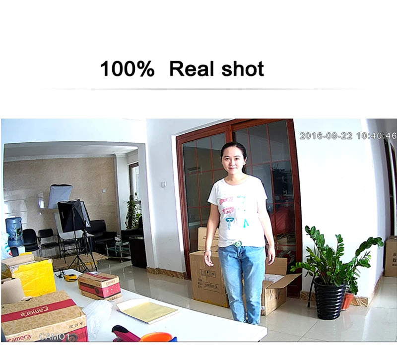 Indoor IP camera packaging area; a woman stands amid boxes and office clutter.