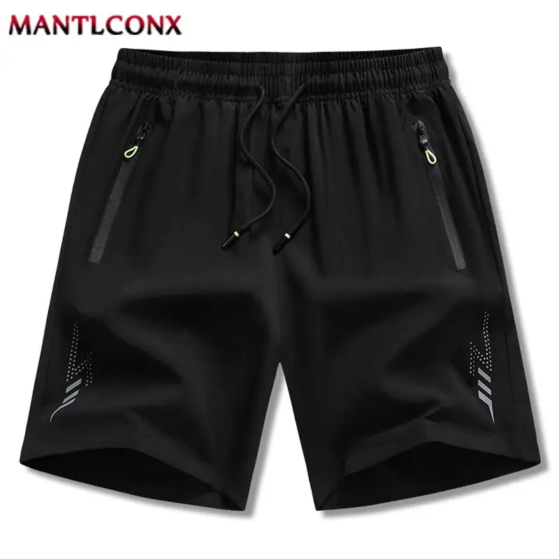 MANTLCONX men's black gym shorts with drawstring, zip pockets, breathable quick-dry fabric