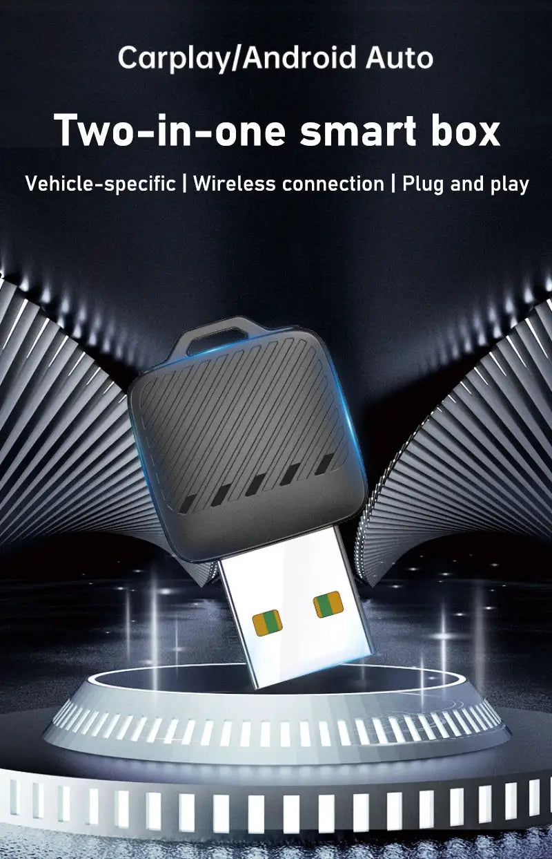 Two-in-one wireless CarPlay/Android Auto adapter dongle; black square device with blue LED.