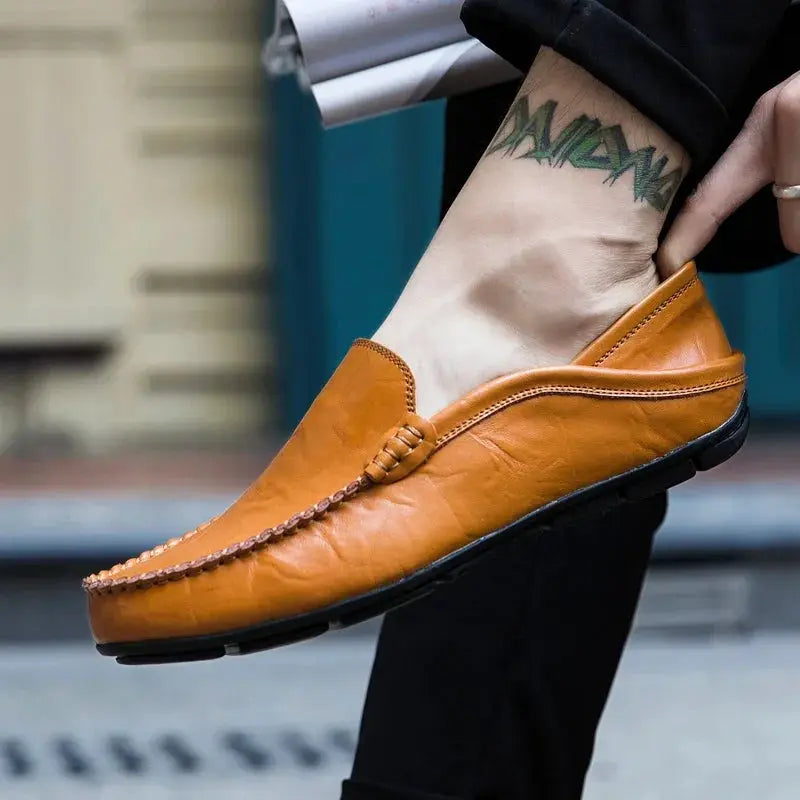 Men's casual genuine leather loafers by Simples Market in tan slip-on moccasin style