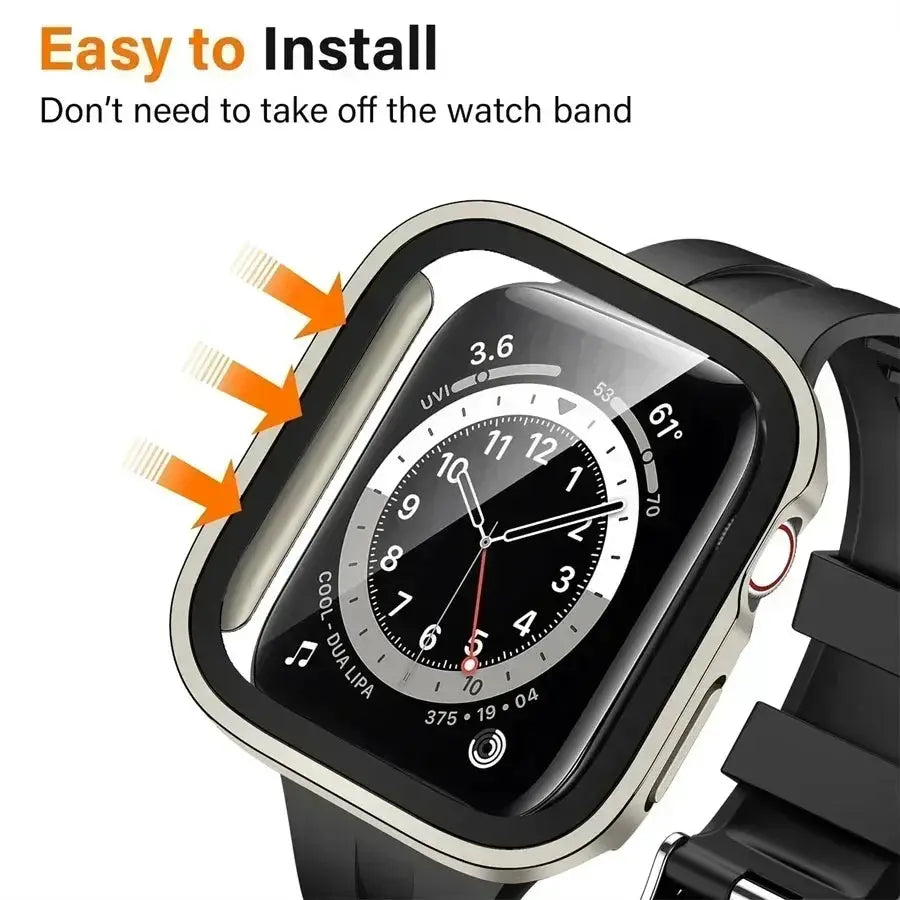 Simples Market Apple Watch tempered glass screen protector with PC bumper case, fits 40–46mm Series 4–9 SE.