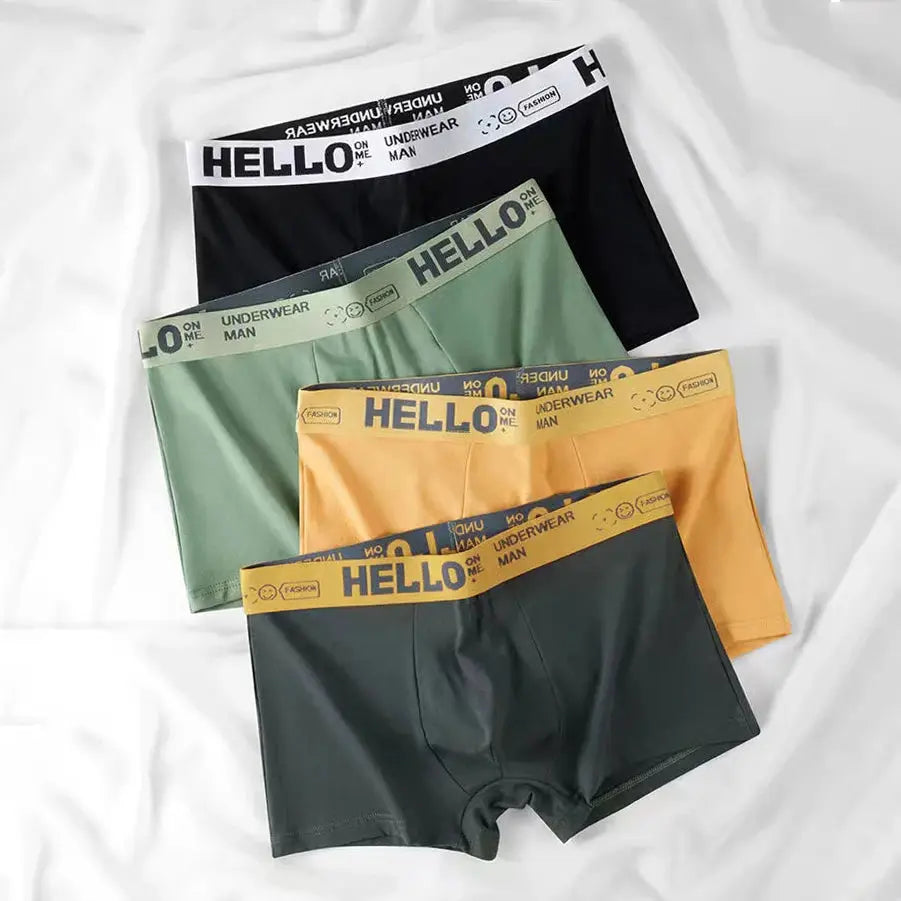 Simples Market 4-pack men's cotton boxer shorts with HELLO waistband in black, sage green, mustard, and dark green