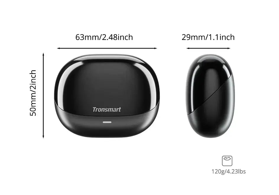 Tronsmart Bluetooth earphones and black charging case; two items shown