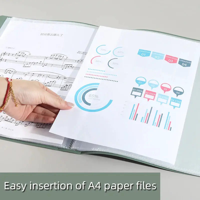 A4 side-loading transparent document folder with multi-layer sleeves and dividers for organizing papers