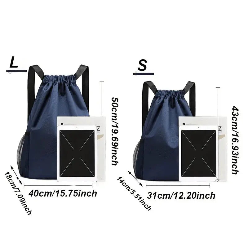 Simples Market navy blue drawstring backpack set, large-capacity unisex bags, two sizes shown (L and S)