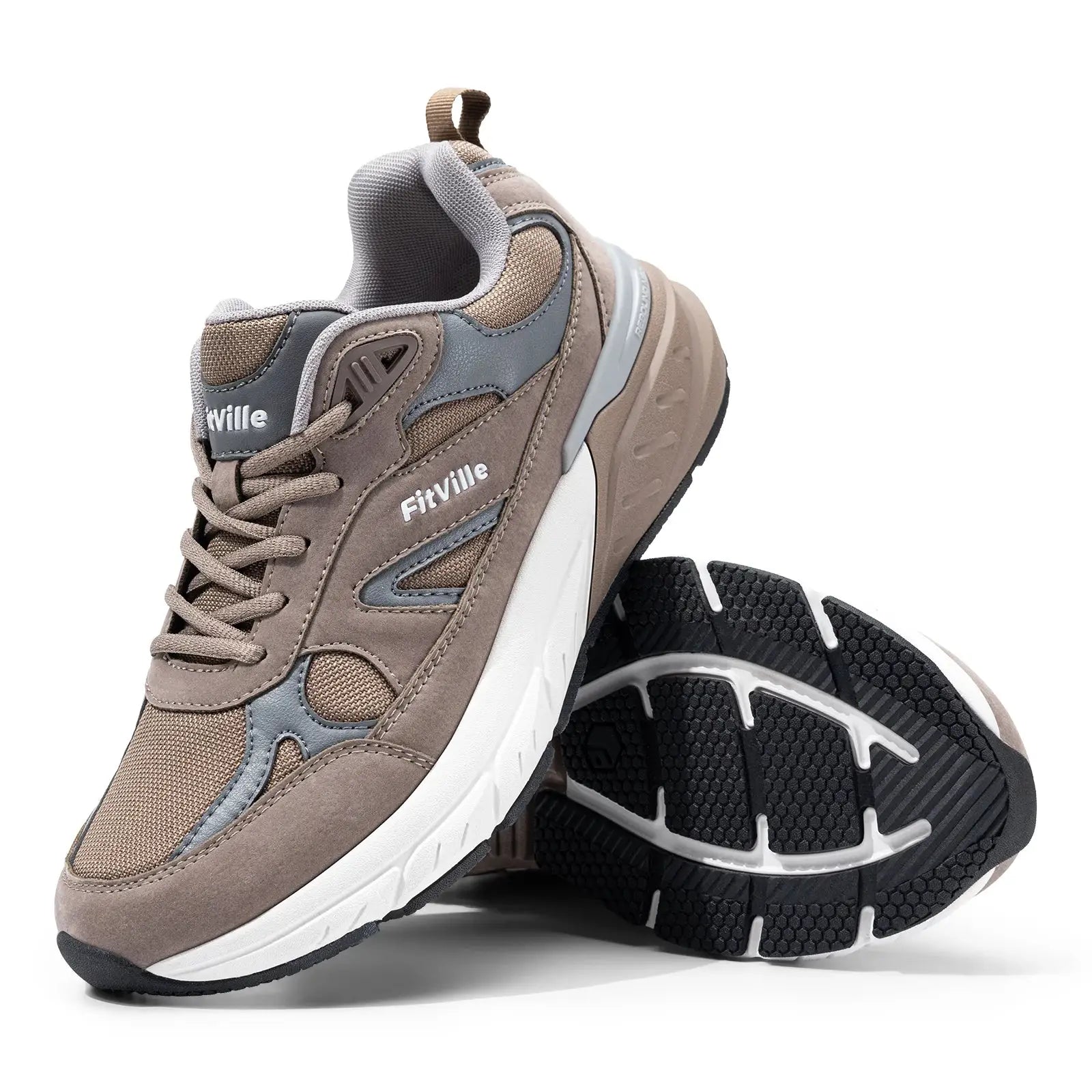 FitVille men’s walking sneakers, wide width with arch support, beige/gray upper and chunky outsole