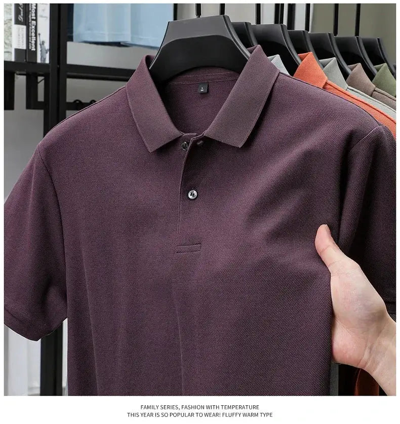 Men's polo shirt by Simples Market in burgundy, 100% cotton with a silk-like finish, shown in six color options
