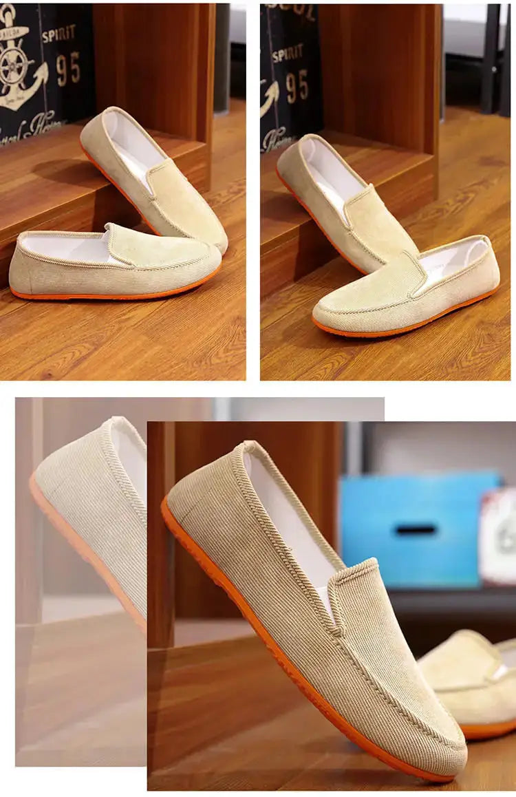 Men's beige fabric loafers with orange sole, Simples Market slip-on driving moccasins, 2 pairs