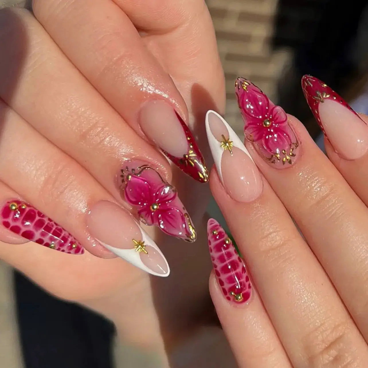 GlamNail Pink Almond Press On Nails Full Coverage Carved Flower 3D Ripple French Tips Golden Pearl Finish